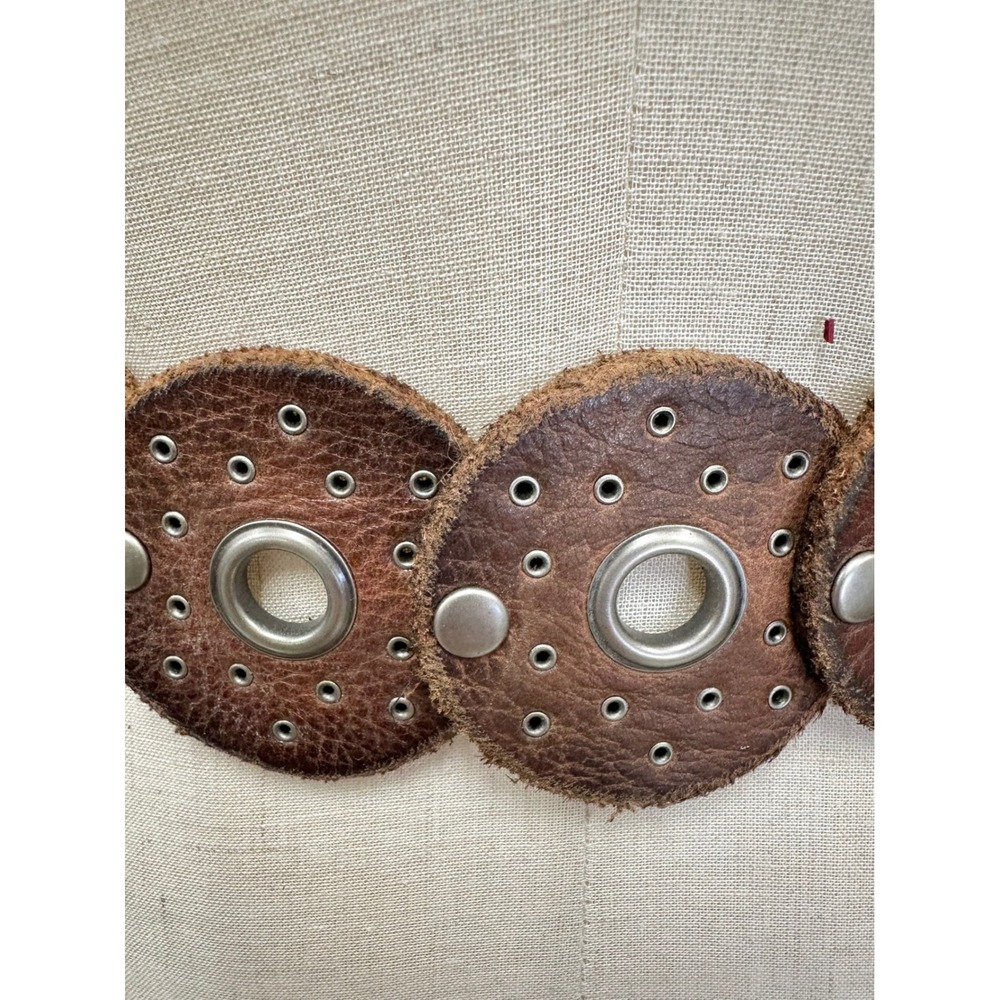 Western boho leather Disc Concho Belt‎ Brown silver grommets SML/MED adjustable - Picture 10 of 16